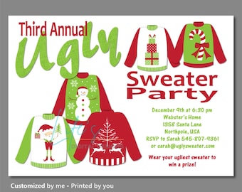 Op de afbeelding: Uitnodiging voor een derde jaarlijkse Ugly Sweater Party op 9 december om 18:30 uur bij Webster's Home, 1358 Santa Lane, Northpole, USA. RSVP naar Sarah op 545-807-9361 of sarah@uglysweater.com. Draag je lelijkste trui om een prijs te winnen!