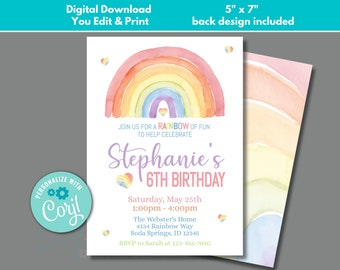 Rainbow Birthday Invitation to Edit in Corjl, Download and Print, Watercolor Rainbow Invites, Rainbow Birthday Party, Rainbow Hearts Invite