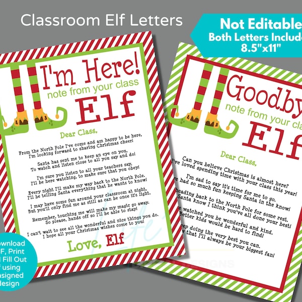 Elf Letters for Classroom to Download and Print, Christmas Elf Letters for School Classes, 8.5"x11" Size, Stripes • Not Editable