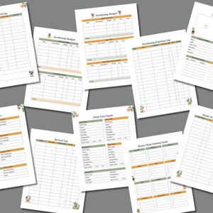 Pode incluir: Planeador de jardinagem imprim&iacute;vel com p&aacute;ginas para detalhes de plantas, registro de colheita, guia de cuidados com plantas, or&ccedil;amento de jardinagem, registro de despesas, registro de controle de ervas daninhas, lista de desejos de plantas dom&eacute;sticas e tarefas relacionadas a plantas dom&eacute;sticas. As p&aacute;ginas t&ecirc;m um esquema de cores verde e laranja com ilustra&ccedil;&otilde;es de plantas em vasos.