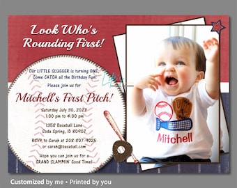 First Birthday Baseball Invitation, Baseball Birthday Invitations, Little Slugger Photo Birthday Invitation, Customized Invitation