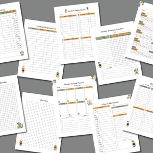 Pode incluir: P&aacute;ginas de planejador de jardim imprim&iacute;veis com um esquema de cores verde e laranja. As p&aacute;ginas incluem se&ccedil;&otilde;es para sementes, equipamentos, listas de compras, hor&aacute;rios de rega semanais, tarefas mensais, um layout de jardim, um plano de parcela, um planejador de jardim semanal e um registro di&aacute;rio.