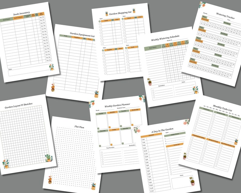 Pode incluir: P&aacute;ginas de planejador de jardim imprim&iacute;veis com um esquema de cores verde e laranja. As p&aacute;ginas incluem se&ccedil;&otilde;es para sementes, equipamentos, listas de compras, hor&aacute;rios de rega semanais, tarefas mensais, um layout de jardim, um plano de parcela, um planejador de jardim semanal e um registro di&aacute;rio.