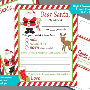 Carta a Papá Noel con sobre a juego para descargar e imprimir con fondo de rayas rojas