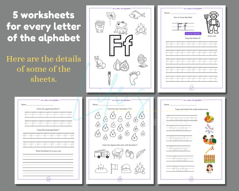 May include: Five black and white printable worksheets for learning the letter F. The worksheets include tracing the uppercase and lowercase letter F, finding and coloring pictures that start with the letter F, and tracing words that start with the letter F.