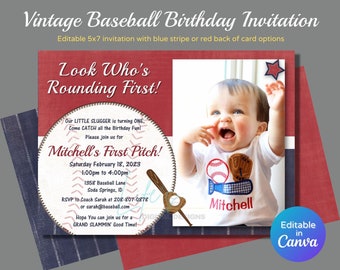 Baseball Birthday Invitation that You Edit using Canva, First Birthday Baseball Invitation with Instant Access, Little Slugger Invitation