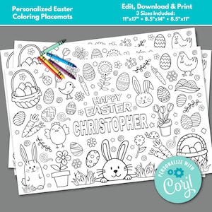 May include: Black and white printable coloring placemat featuring an Easter theme with bunnies, eggs, carrots, flowers, and the text "Happy Easter Christopher".