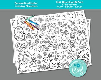 May include: Black and white printable coloring placemat featuring an Easter theme with bunnies, eggs, carrots, flowers, and the text "Happy Easter Christopher".