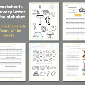 May include: Five black and white worksheets for learning the letter T. The worksheets include tracing the letter T, finding and coloring the letter T, and matching words and pictures that start with the letter T. The words are telephone, table, teacher, television, tulip, and ticket.