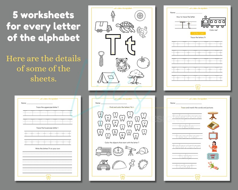 May include: Five black and white worksheets for learning the letter T. The worksheets include tracing the letter T, finding and coloring the letter T, and matching words and pictures that start with the letter T. The words are telephone, table, teacher, television, tulip, and ticket.