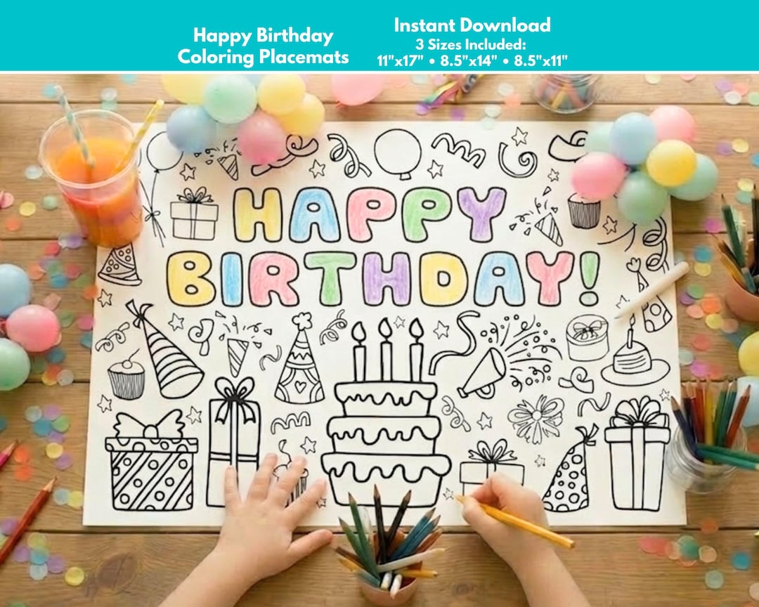 Happy Birthday Coloring Placemats, Birthday Party Activity for Kids ...