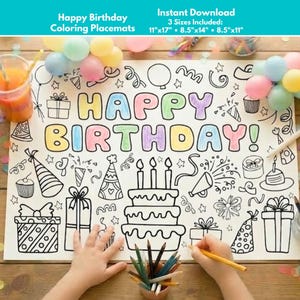 Può includere: Un grande tovaglietta da colorare bianca con le parole "HAPPY BIRTHDAY!" in lettere colorate. La tovaglietta include disegni a tratto di torte di compleanno, regali e cappelli da festa. L'immagine mostra anche matite colorate, palloncini e una bevanda.
