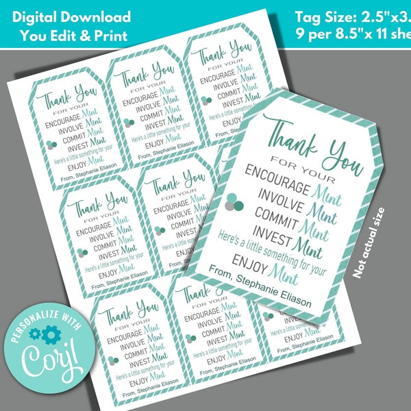 Teacher Appreciation Mint Candy Gift Tag to Edit in Corjl, Download and Print Thanks for Your Encourage Mint, Employee Appreciation Gift Tag