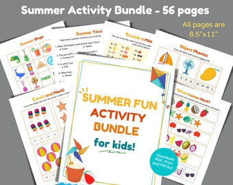 Summer Activity Bundle 56 Pages, Summer Printable, Summer Coloring Pages, Summer Vacation Activities, Summer Bingo Game, Activities for Kids