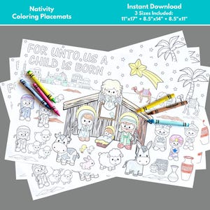 Nativity Christmas Coloring Placemats, Nativity Scene Coloring Placemat Printable, For Unto Us a Child is Born Placemat for Kids to Color