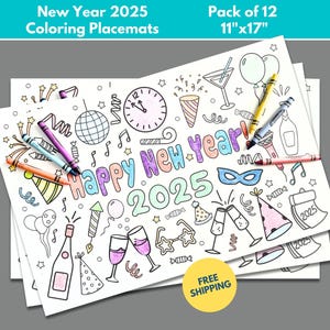 New Years Coloring Paper Placemats, SET of 12 NYE Coloring Placemats, New Year&#39;s Eve Party Coloring Activity Paper Mat, 2025 NYE Celebration
