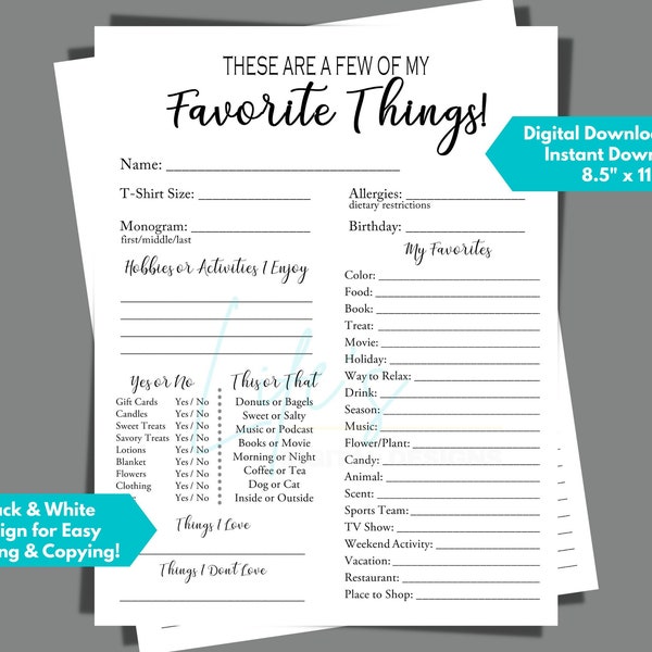 Favorite Things Questionnaire to Download and Print, Coworker Questions, Favorite Things Party, Gift Exchange Questions, All About Me Form