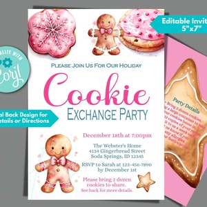Pink Cookie Exchange Party Invitation to Instantly Edit in Corjl, Download and Print, Christmas Cookie Exchange Invite, Pink Cookie Exchange