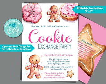 Pode incluir: Um convite imprimível rosa e azul para uma festa de troca de biscoitos. O convite apresenta biscoitos de gengibre e o texto "Cookie Exchange Party" em letras rosa. A festa está marcada para o dia 18 de dezembro às 19h00. O endereço é 4134 Gingerbread Street, Soda Springs, ID 12345. RSVP para Sarah no 123-456-7890 até 1 de dezembro. Os convidados são convidados a trazer 2 dúzias de biscoitos para compartilhar.