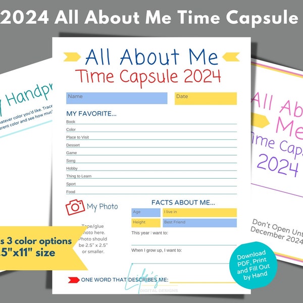 All About Me Time Capsule 2024 to Download and Print with 3 Color Options for Classes, Families, Youth Activities • Not Editable
