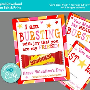 School Valentine's Day Card to Edit Download and Print Starburst Valentine's Card Bursting with Joy You Are My Friend Class Exchange Ideas