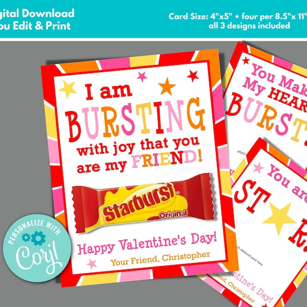 School Valentine's Day Card to Edit Download and Print Starburst Valentine's Card Bursting with Joy You Are My Friend Class Exchange Ideas