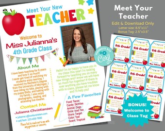 May include: A printable welcome to 4th grade teacher sign with a photo of the teacher, a red apple, and colorful crayons. The sign includes the teacher's name, contact information, and a few of her favorite things. The sign also includes a bonus welcome to 4th grade tag.