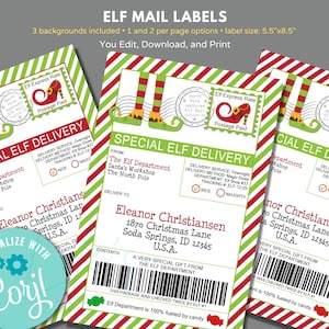 May include: Printable Elf Mail Labels with a red and green striped background. The labels feature a cartoon elf with green shoes and red pants. The text on the label reads "Special Elf Delivery" and includes a space for the recipient's name and address. The label also includes a barcode and a stamp that says "Elf Express Rate".