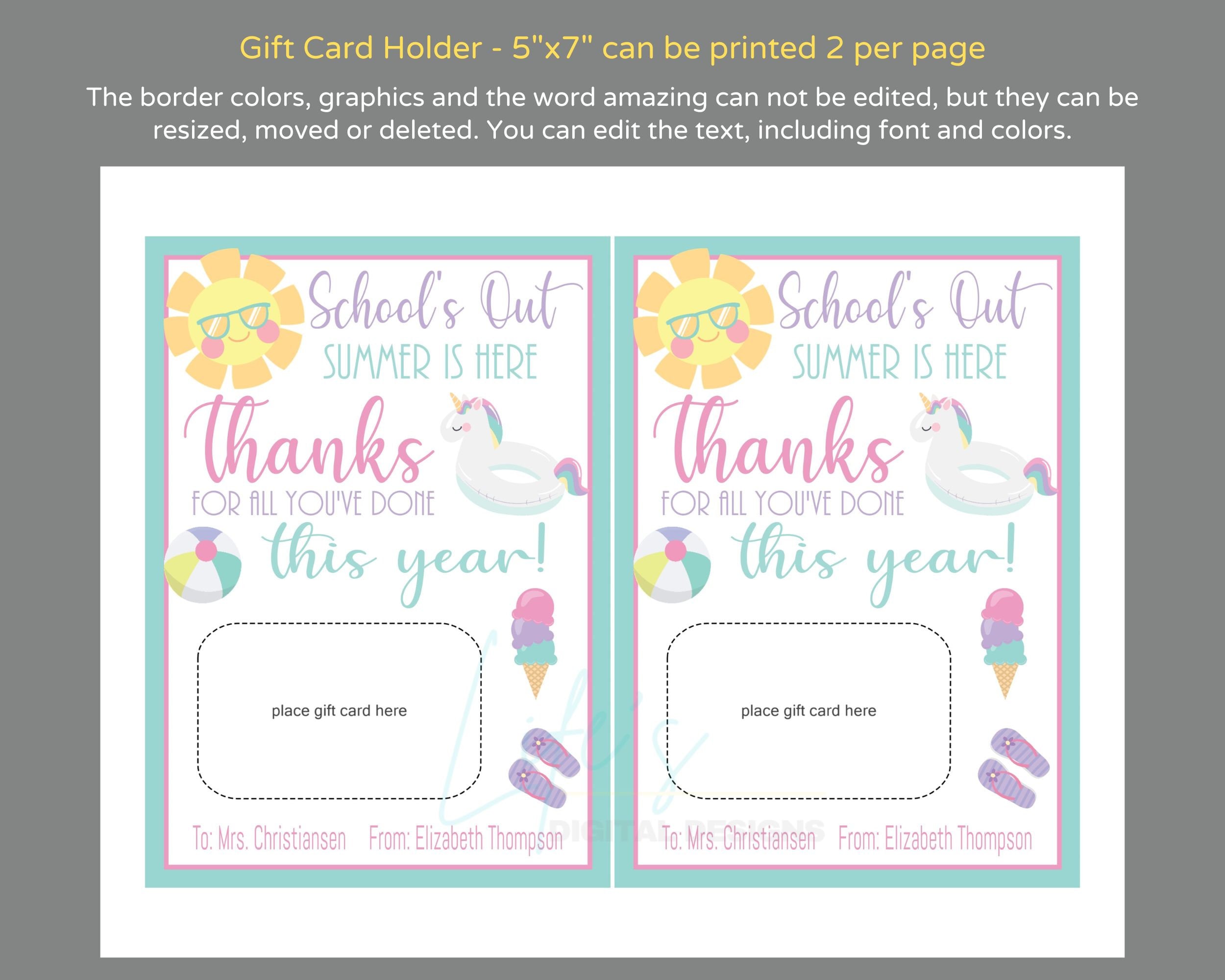 Teacher Appreciation End of School Year Gift Card Holder Edit Download ...