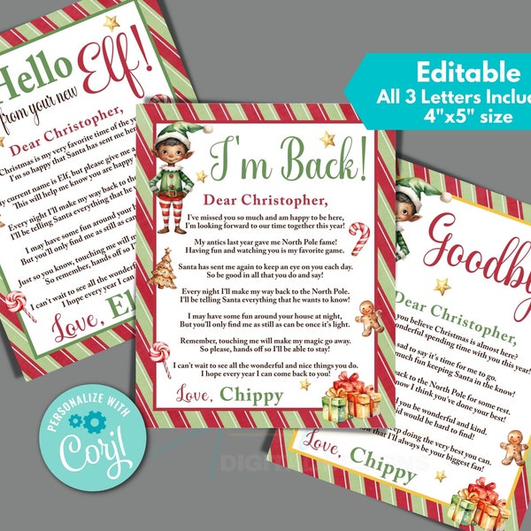 Christmas Elf Letter for New Elf, I'm Back, and Goodbye to Edit Instantly in Corjl, Download and Print, Editable Elf Letter, 4"x5" Size