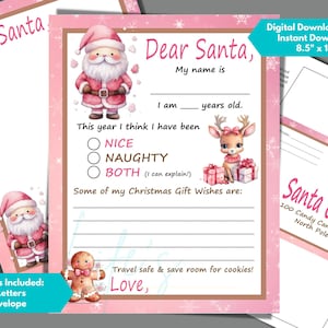 Carta a Papá Noel con sobre a juego para descargar e imprimir, carta rosa a Papá Noel, carta infantil a Papá Noel, lista de deseos infantil para Papá Noel