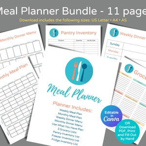 Puede incluir: Un paquete de planificador de comidas imprimible con 11 páginas, que incluye un plan de comidas semanal, un plan de comidas mensual, un menú de cena semanal, un menú de cena mensual, un plan de uso de lo que tienes, una lista de inventario de despensa, una lista de inventario del congelador y una lista de inventario del refrigerador. El paquete es editable en Canva y se puede descargar como PDF para imprimir y completar a mano. La imagen muestra una variedad de páginas imprimibles con diferentes secciones para la planificación de comidas, listas de compras y el seguimiento del inventario.