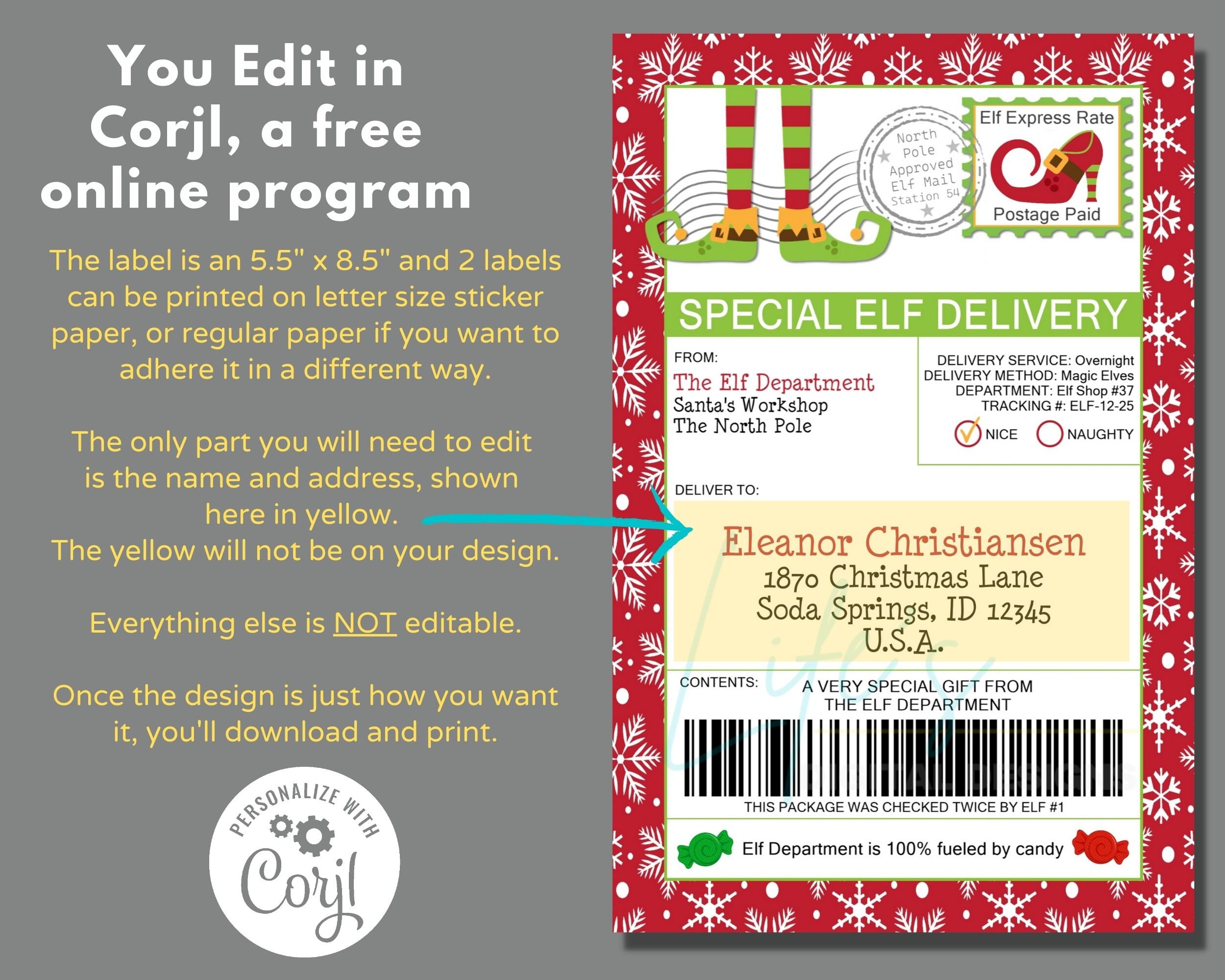 Elf Rings Label Elf Mail Shipping Labels to Edit Instantly in Corjl, Download and Print ...