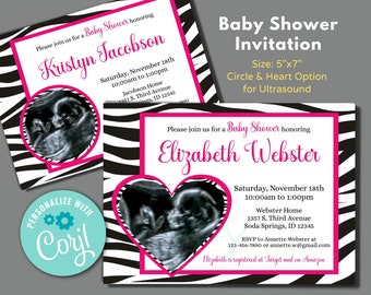 Baby Shower Zebra Print Hot Pink Invitation Template to Instantly Edit in Corjl, Download and Print, Heart or Circle Ultrasound Options