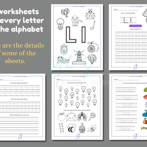 May include: Five black and white worksheets for learning the letter L. The worksheets include tracing the uppercase and lowercase letter L, finding and coloring objects that start with the letter L, and matching words to pictures.