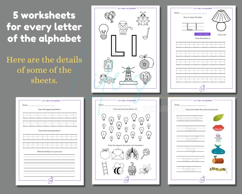 May include: Five black and white worksheets for learning the letter L. The worksheets include tracing the uppercase and lowercase letter L, finding and coloring objects that start with the letter L, and matching words to pictures.