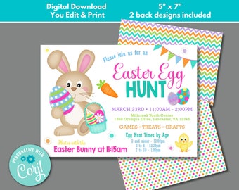 May include: Printable 5x7 inch invitation for an Easter egg hunt. The invitation features a cartoon bunny holding an Easter egg, a basket of eggs, and a carrot. The text reads "Please join us for an Easter Egg Hunt" and includes the date, time, location, and age-specific hunt times.