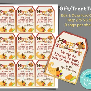 Happy Thanksgiving Tags to Edit in Corjl, Download and Print, Thanksgiving Tags for Gifts, Thankful for You Tags, Thanksgiving Appreciation