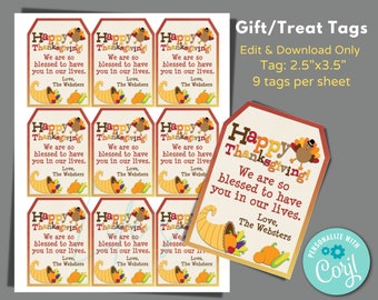 Happy Thanksgiving Tags to Edit in Corjl, Download and Print, Thanksgiving Tags for Gifts, Thankful for You Tags, Thanksgiving Appreciation