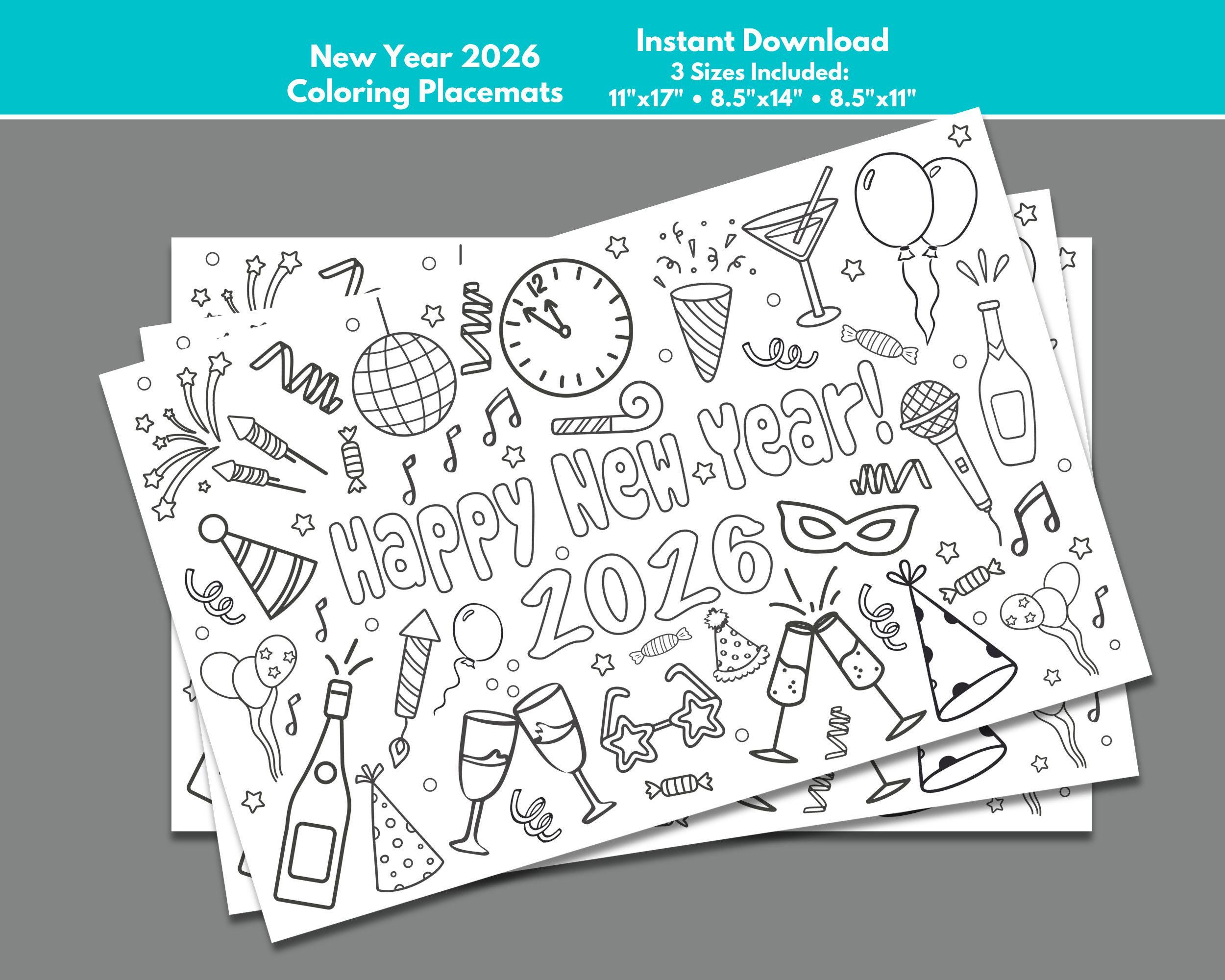 new years coloring placemats for 2026 new years eve party, new