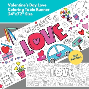 May include: A black and white coloring table runner featuring a Valentine's Day theme with the word "LOVE" repeated twice. The runner is 24 inches by 72 inches and includes images of hearts, flowers, cupcakes, and a car.