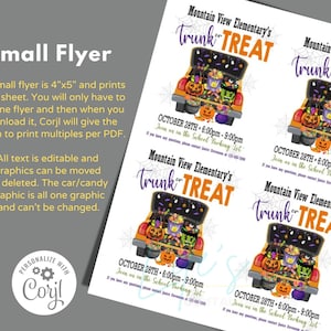 May include: A printable flyer for a Trunk or Treat event at Mountain View Elementary School. The flyer features a cartoon illustration of a car decorated for Halloween with sweets and pumpkins. The event is scheduled for 28th October from 6:00pm to 9:00pm.