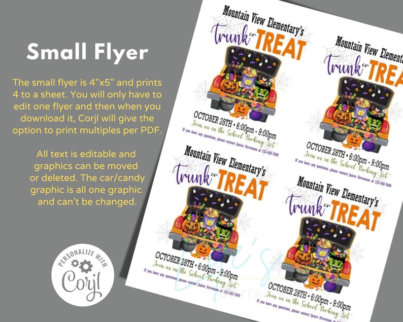 May include: A printable flyer for a Trunk or Treat event at Mountain View Elementary School. The flyer features a cartoon illustration of a car decorated for Halloween with sweets and pumpkins. The event is scheduled for 28th October from 6:00pm to 9:00pm.