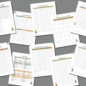 Pode incluir: P&aacute;ginas de planejador de jardim imprim&iacute;veis com listas de verifica&ccedil;&atilde;o e registros para acompanhar sementes, mudas, fertilizantes, pragas e muito mais. As p&aacute;ginas apresentam um esquema de cores verde e laranja com ilustra&ccedil;&otilde;es de plantas em vasos.