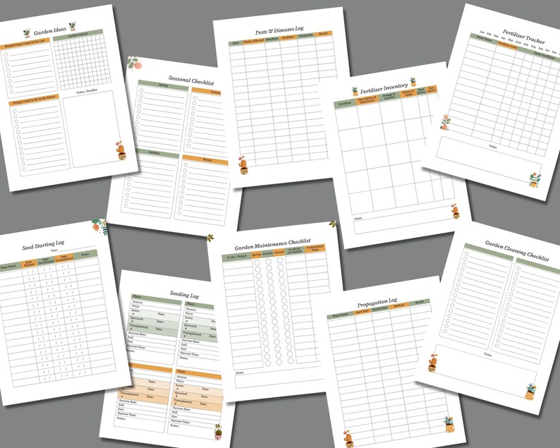 Pode incluir: P&aacute;ginas de planejador de jardim imprim&iacute;veis com listas de verifica&ccedil;&atilde;o e registros para acompanhar sementes, mudas, fertilizantes, pragas e muito mais. As p&aacute;ginas apresentam um esquema de cores verde e laranja com ilustra&ccedil;&otilde;es de plantas em vasos.