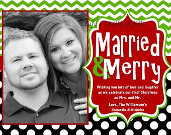 Weihnachtskarten verheiratet und fröhlich Fotokarte Punkte und grüne Chevron anpassbare druckbare 4 x 6 oder 5 x 7