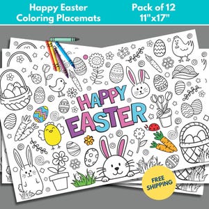 May include: A pack of 12 blank coloring placemats featuring an Easter theme. The placemats are 11 inches by 17 inches and feature a variety of Easter-themed illustrations, including bunnies, eggs, carrots, and flowers. The text "Happy Easter" is written in large letters at the top of the placemats.