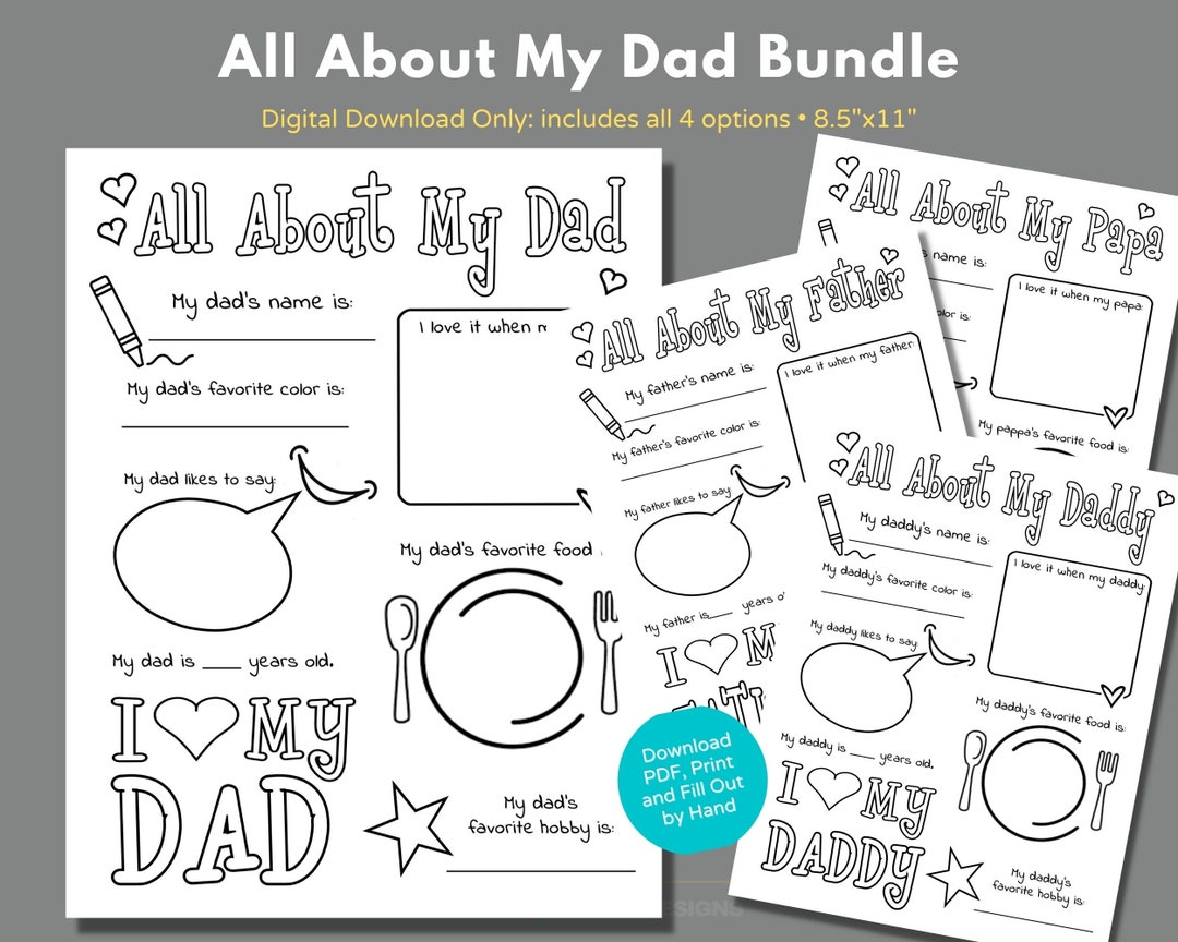 All About My Dad Coloring Page Bundle to Download and Print, Father's ...