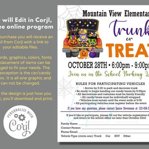 May include: A printable flyer for a Trunk or Treat event at Mountain View Elementary School. The flyer features a cartoon illustration of a car decorated for Halloween with sweets and pumpkins. The event is scheduled for 28th October from 6:00pm to 9:00pm in the school car park. The flyer includes rules for participating vehicles and a registration form.