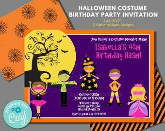 May include: Halloween costume party invitation for a 4th birthday. The invitation features a purple background with a yellow moon, a black tree, and four children dressed in costumes. The text reads "Join us for a costume monster mash! Isabella's 4th Birthday Bash!"  October 28th, 3:00 PM to 5:00 PM, Webster's Home, 4690 Ghost Lane, Hallowstown, IN. RSVP to Sarah 237-649-8015.